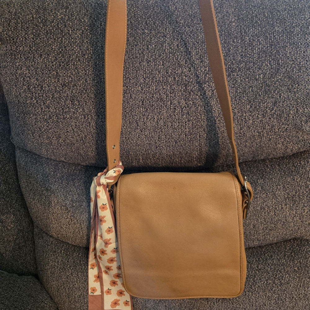 Vintage Coach Tan Leather Shoulder Bag with Floral Scarf